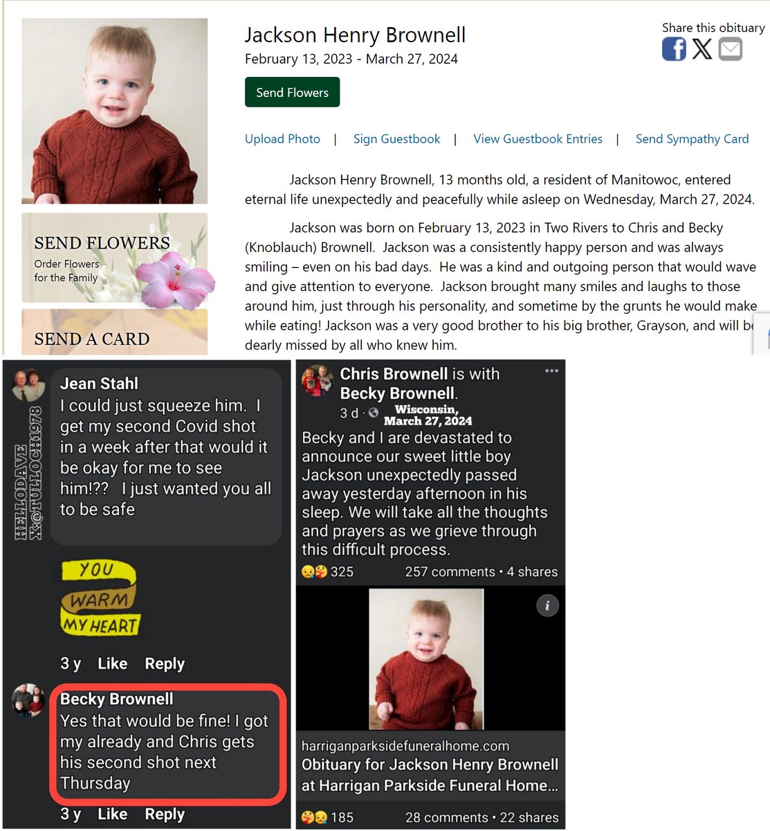 Manitowoc, WI - 13 month old Jackson Henry Brownell died unexpectedly in his sleep on March 27, 2024.

His mom was obsessed with COVID-19 mRNA Vaccines.

Vast majority of SIDS (Sudden Infant Death Syndrome) and sudden deaths of young children are caused by childhood vaccines,…