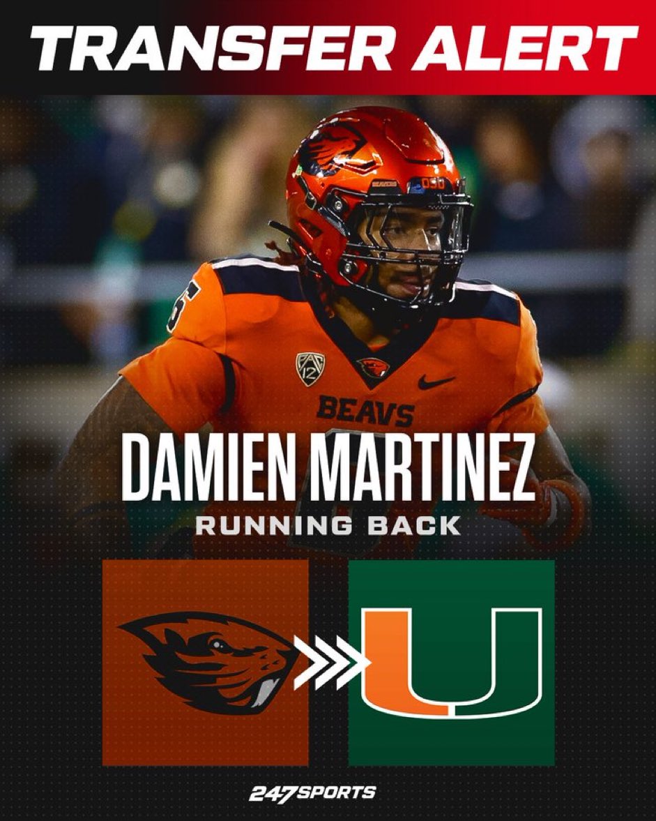 BREAKING: Former Oregon State RB and All-Pac-12 performer Damien Martinez is transferring to Miami 🙌 HUGE pick up for Mario Cristobal and the Canes. 🔗 247sports.com/college/miami/…