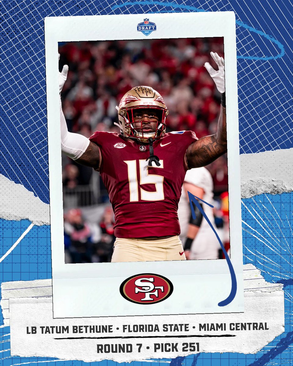 2024 #NFLDraft FLORIDA DRAFT ALERT! ROUND 7 - PICK NO. 251 San Francisco 49ers LB Tatum Bethune Florida State Miami Central 2024 FLORIDA NFL DRAFT TRACKER: floridahsfootball.com/2024/04/25/202… 📸: Florida State University Athletics #flhsfb @Roc__Nation @larryblustein @FernandezAndreC