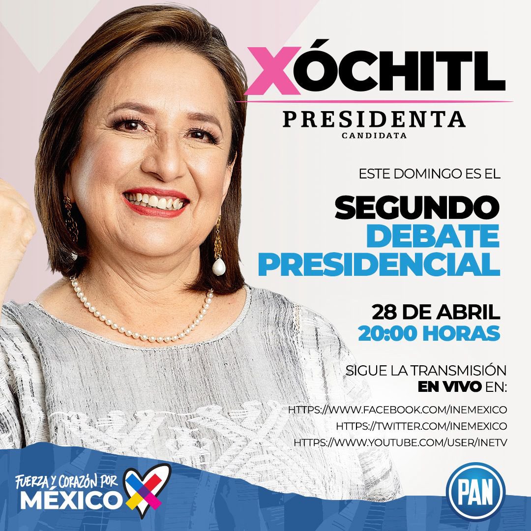 Estamos listos y listas para el #DebateX

Mañana tod@s apoyando a @XochitlGalvez en el Segundo Debate Presidencial. 

#LlegóLaHora de un #MxSinMiedo