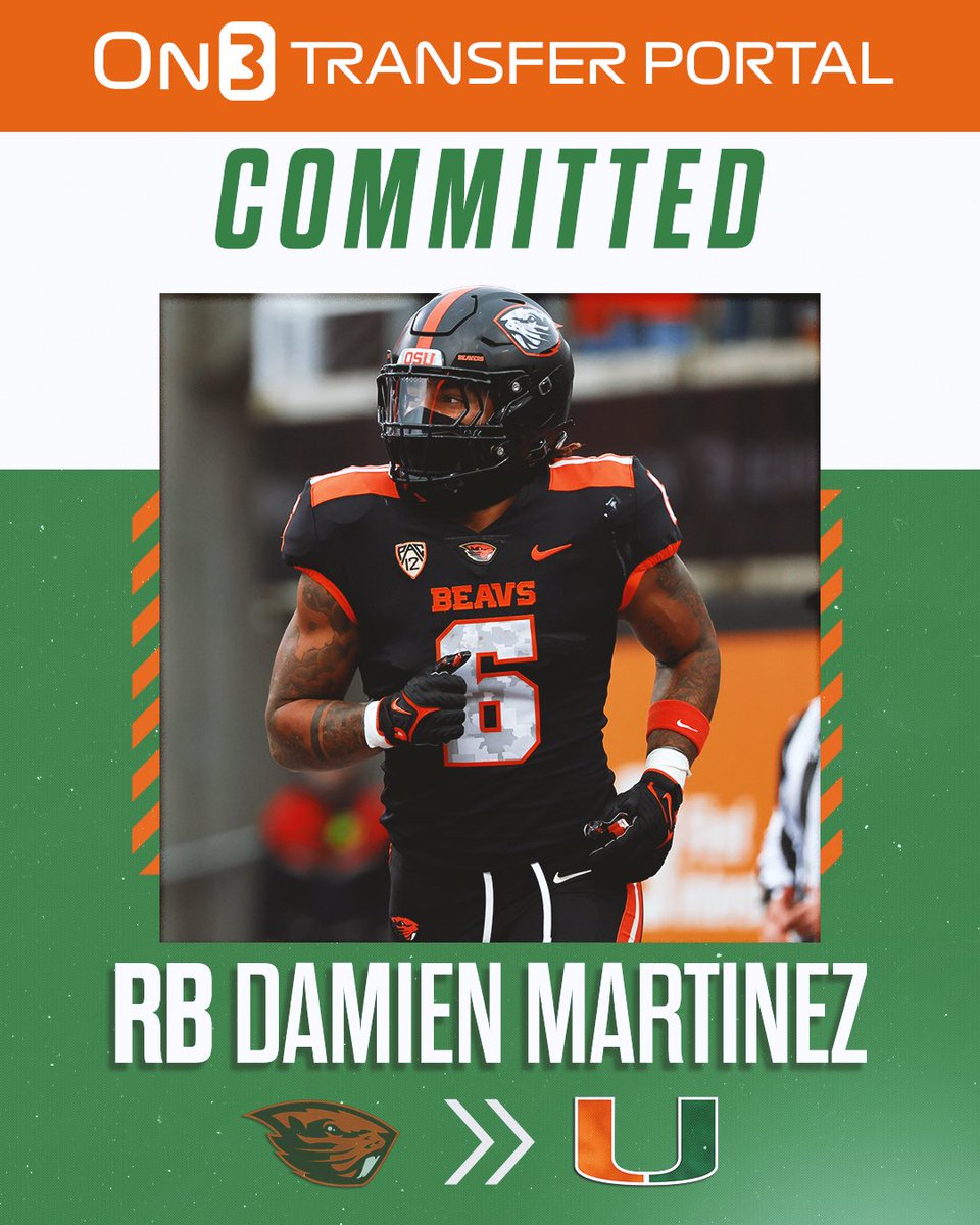 NEWS: Oregon State transfer RB Damien Martinez has committed to Miami🙌 on3.com/college/miami-…