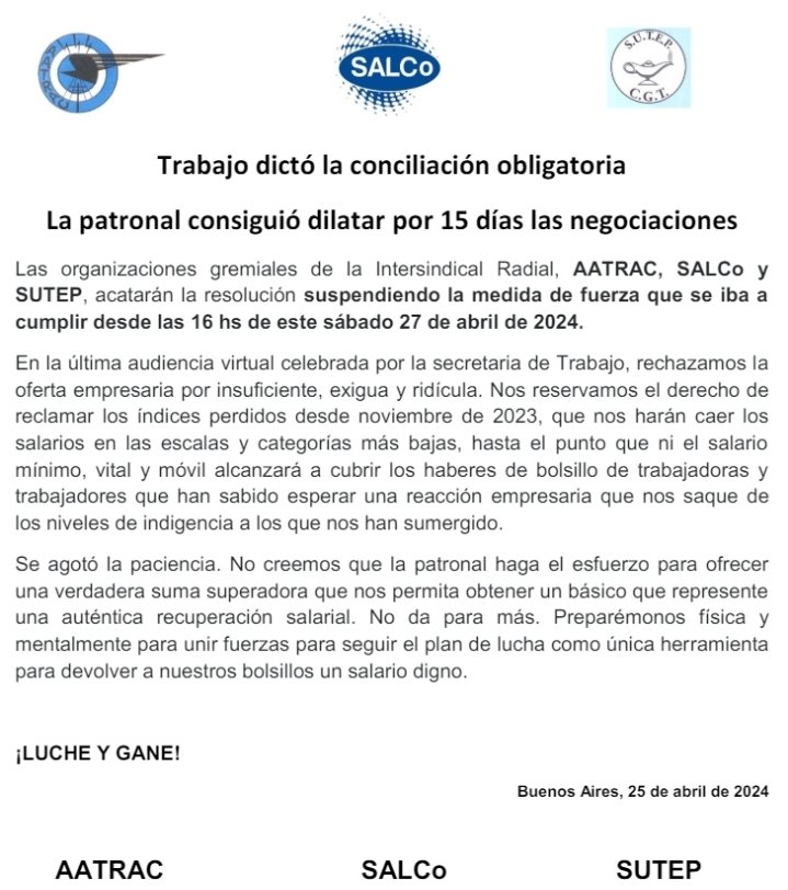 #INCREIBLE 
Tras ofrecer CERO PESO de aumento y un no remunerativo de insultantes $12mil, la patronal nucleada en <a href="/ArpaPrensa/">ARPA</a> consigue postergar la lucha por 15 dias más. Pero sepan que lucha habrá. Sin dudas.
#ArpaNoGarpa ni quiere garpar un salario digno.
#Luche