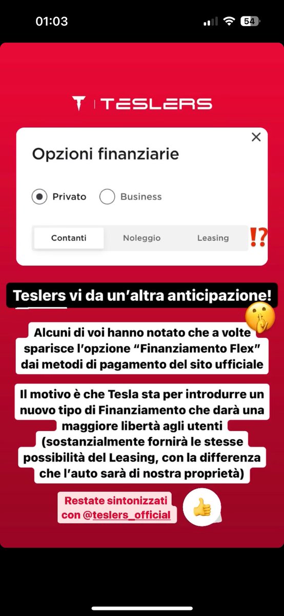 Teslers vi da un’altra anticipazione: sta per arrivare un nuovo tipo di Finanziamento sul sito Tesla (non quello Flex). Continuate a seguirci per conoscere sempre qualcosa in più, in Anteprima @TeslersOfficial