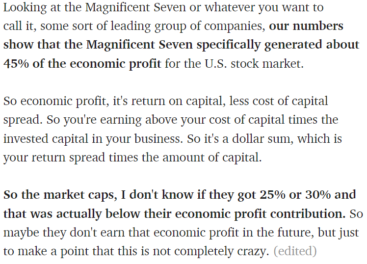 Really enjoyed this podcast with @mjmauboussin, @bgurley & @patrick_oshag 

Michael's comment on Mag7 economic profit vs. market caps helps support valuation levels  (economic profit ~45% > market caps ~30% - relative to the US stock market)