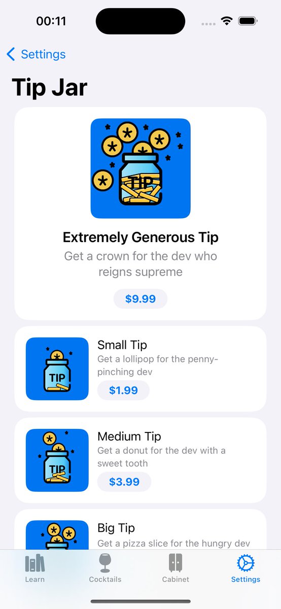 fcilia_dev's tweet image. The #iOSDevHappyHour got me excited about #StoreKit2 and motivated me to improve the current TipJar UI in #Drinko.

Got to say, SK2 has some lovely UIs.
The whole body of this is exactly 30 lines of code 😳

#buildinpublic
