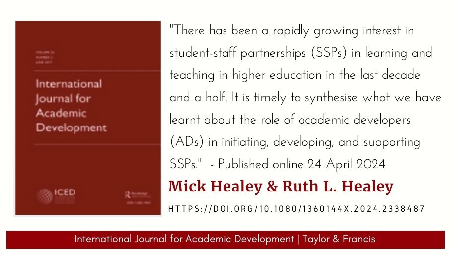 New release: 'The role of academic developers in initiating, developing, and supporting student-staff partnerships in learning and teaching in higher education: a systematic narrative literature review and a new framework', by @MickHealey3 & @healey_r - doi.org/10.1080/136014…