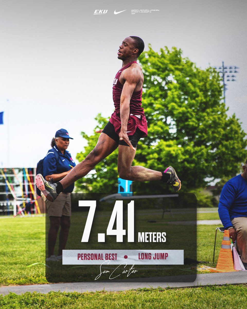 Another big PR in the long jump for EKU! Sam Carter posted a personal-best long jump of 7.41m to win the event at the Rick Erdmann Twilight! His mark ranks No. 2 in the ASUN and No. 50 in the East Region! 👏 #GoBigE