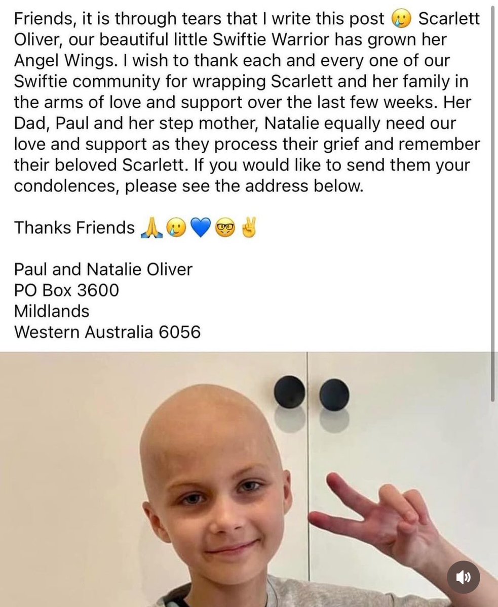 💔 | Scarlett Oliver who received the '22' hat from Taylor Swift in Sydney has sadly passed away after her battle with cancer. Rest in peace Scarlett 🫶