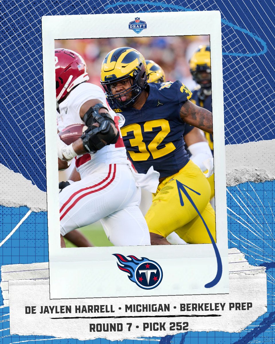 2024 #NFLDraft FLORIDA DRAFT ALERT! ROUND 7 - PICK NO. 252 Tennessee Titans DE Jaylen Harrell Michigan Berkeley Prep 2024 FLORIDA NFL DRAFT TRACKER: floridahsfootball.com/2024/04/25/202… 📸: University of Michigan Athletics #flhsfb @Biggamebobby @BigCountyPreps1 @BPS_Football