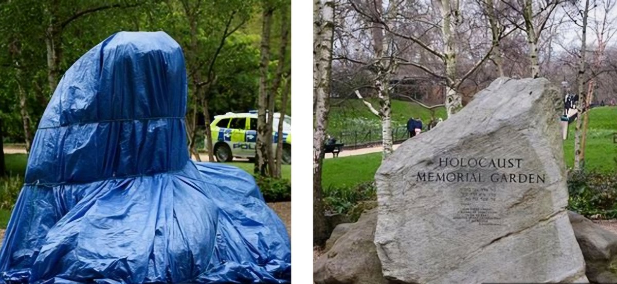 When the Holocaust Memorial in Hyde Park gets covered up with a tacky blue tarpaulin. Guarded and hidden from view of marching pro-Palestine protesters in central London, you know then that things are looking pretty damn grim.

A reminder of the atrocious horrors. Lest We Forget.