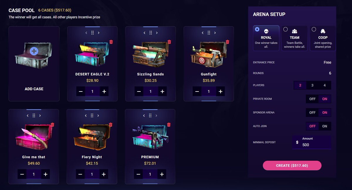 🎁New FREE Arena Royale 👑 worth $1035!🤑 🔗(links will be sent in private to the 4 winners🔗 RT & Tag friends for $25 You just need a $500 deposit to join (last 7 days)⏲️ Use code ''winskins'' for an exclusive 10% deposit bonus with the following link daddycrypto.com/promo-code/win….…