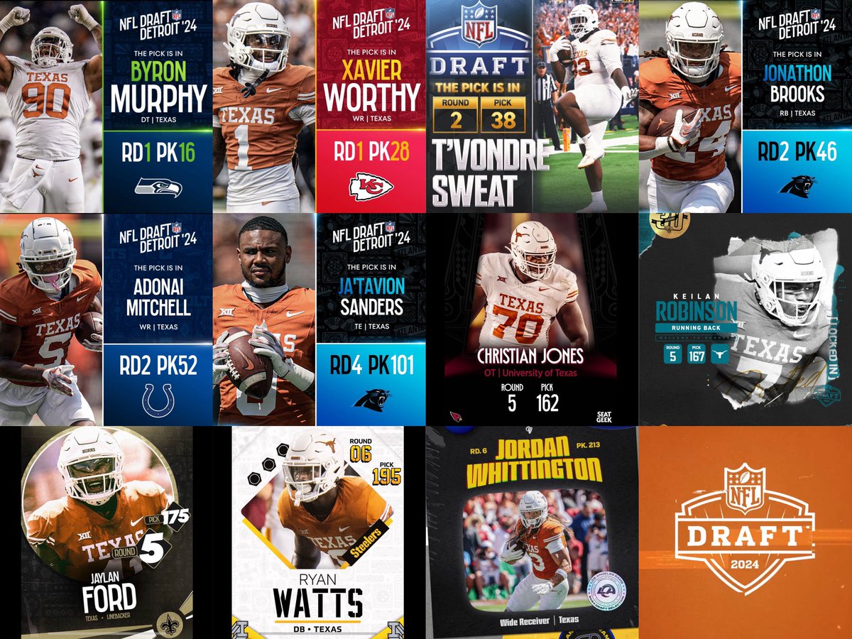 It was a historic NFL Draft for our Longhorns🤘🏻 @TexasFootball’s 11 picks were the 2nd-most of any program this year, and the best in 7-rounds of a draft in UT history‼️ Final Totals: Michigan (13), TEXAS (11), Alabama (10), Florida State (10), Washington (10)