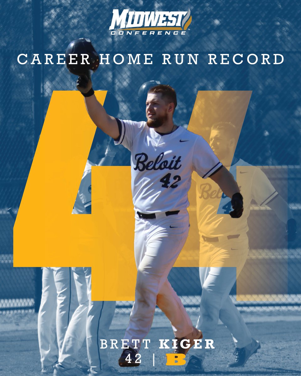 HISTORY MAKER!!! Brett Kiger (@beloit_baseball) launched his 43rd career home run in the Bucs' game two win over Monmouth to break the MWC career record! Later in the game, for good measure, he belted number 44, breaking his single-season record (15). Congrats Brett!