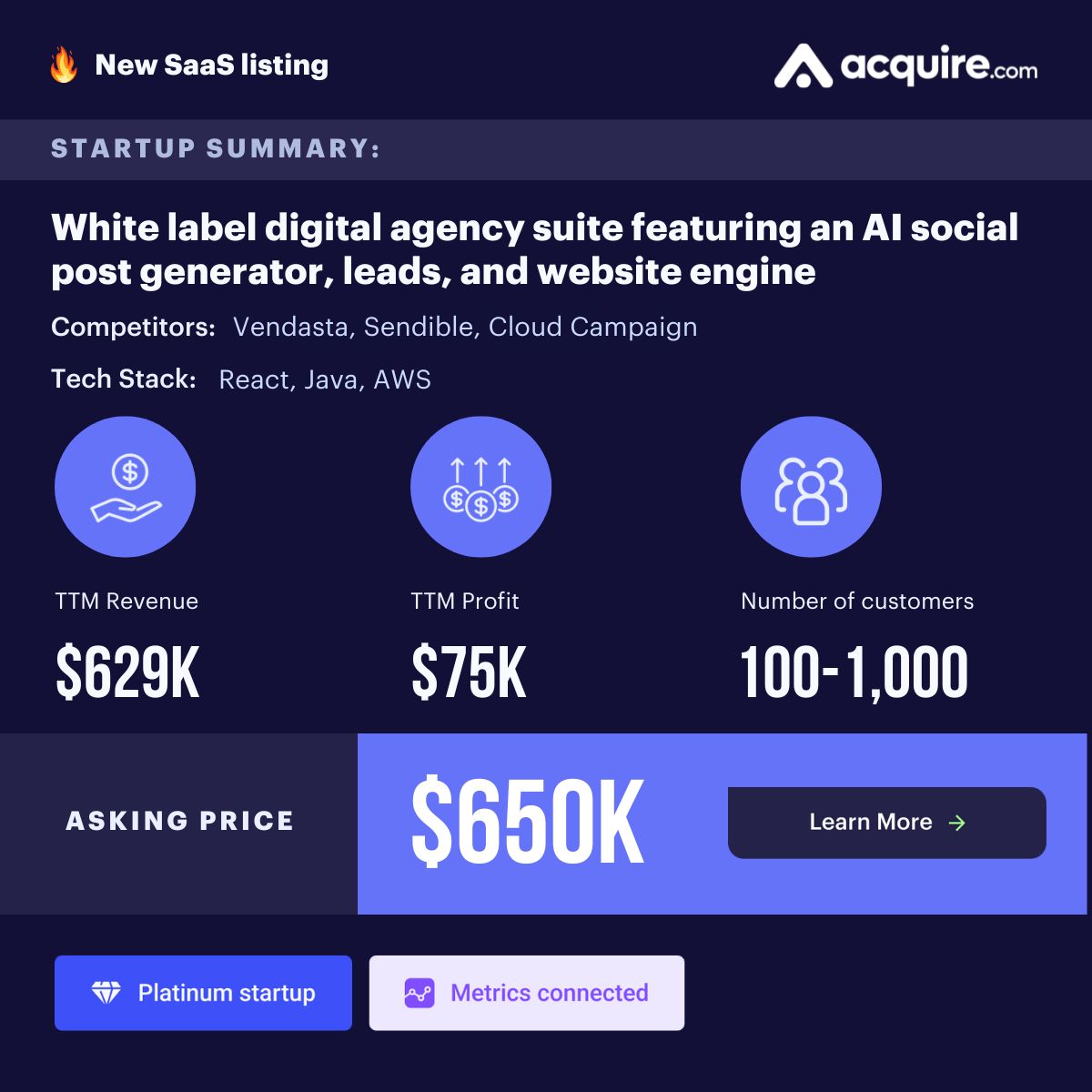 🔥 New GBA Startup Listed 🔥 SaaS | White label digital agency suite featuring an AI social post generator, leads, and website engine | $629k TTM revenue Asking Price: $650k Contact the seller here: buff.ly/42gjLYN