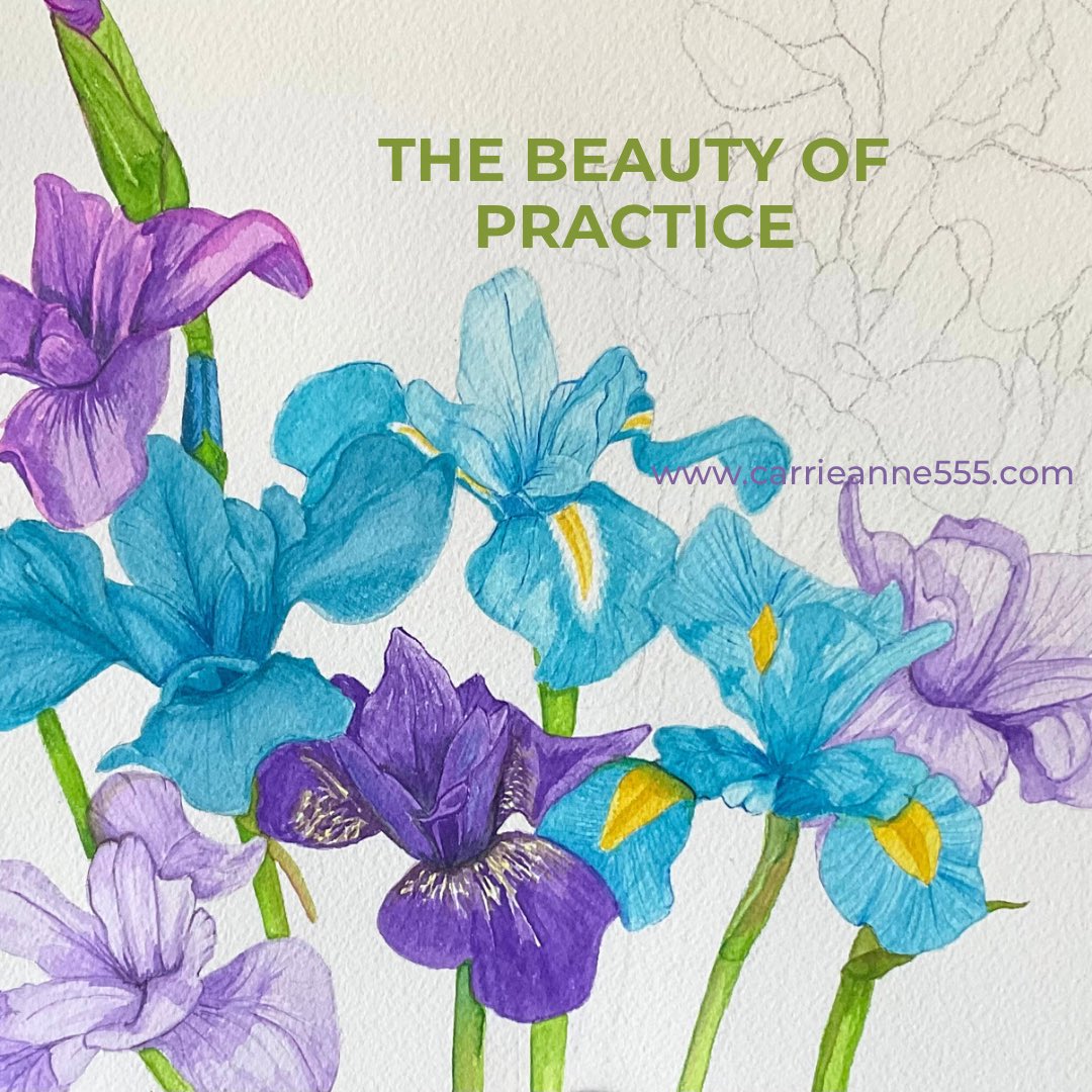 I am currently practicing blue and purple irises for someone’s 80th birthday that I have been commissioned to create. Practice brings be clarity and peace of mind as I envision the final project.#watercolorart #flowers #artist #illustrator #watercolor #author #selfpublishedauthor