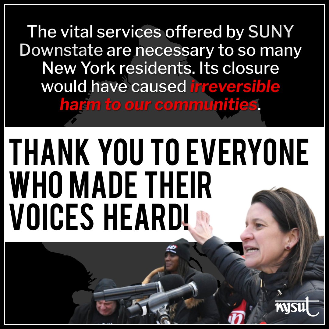 Thanks to our union family in @UUPInfo, @AFTUnion and beyond, SUNY Downstate is saved!

Our gratitude goes out to our members across New York who raised their voices and fought for Brooklynites and this crucial public teaching hospital. #BrooklynNeedsDownstate