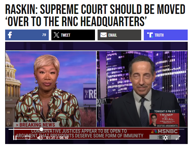 Well that's precious of Raskin, isn't it. If the SC should move to RNC headquarters, then perhaps the entire DNC and Dem party should just change their name to the Open Society Foundation, and move their offices into a suite in one of Georgie's or Alex's office buildings. The…