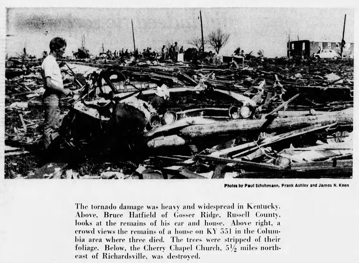 April 27, 1971:

Fourteen tornadoes impacted the Ohio Valley and Midsouth. Six tornadoes in KY & TN were intense (F3+). Ten people were killed and 158 others were injured. A WSR-57 radar recorded an image of a supercell northeast of Murfreesboro as an F3 was ongoing. 

#wxhistory