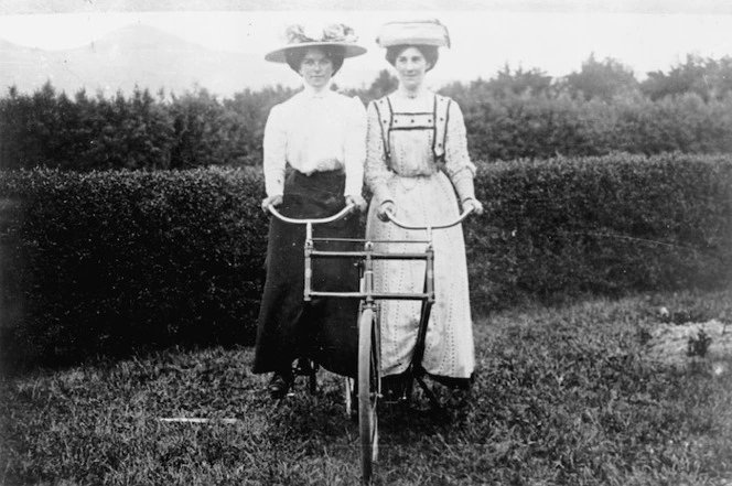 Unidentified women on a bicycle made for two, ca. 1910. Source: National Library of NZ natlib.govt.nz/records/232403…