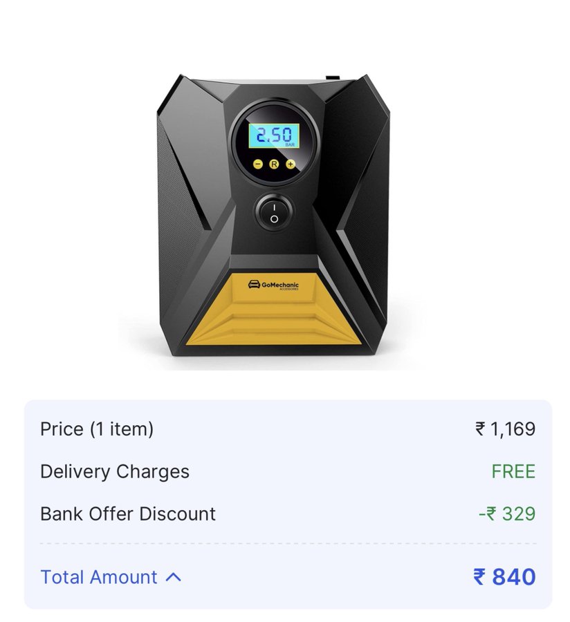 GoMechanic 150 psi Tyre Air Pump for Car for ₹840 (Effectively) ₹329 off with Credit Card, Debit Card & NetBanking 

fktr.in/N7RdkKt