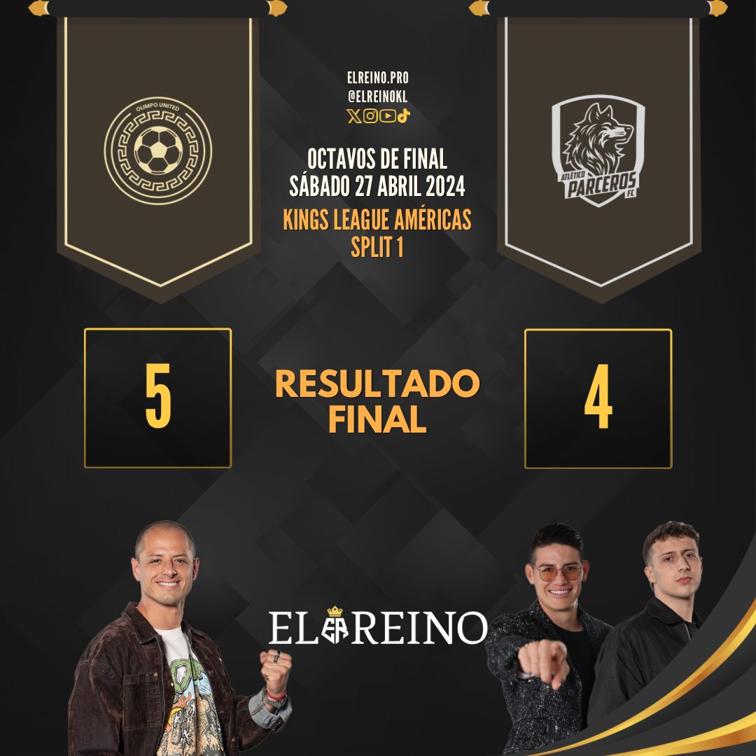 / RESULTADO FINAL/ Octavos Final @OlimpoUnited 5-4 @AtlcParcerosFC 0-1 Arias 4’ 1-1 Perez 6’ 1-2 Arias 19’ 2-2 Osuna 20’ 2-3 Gutiérrez 22’ 3-3 Rodriguez 25’ 3-4 Arias 31’ 4-4 Bueno 35’ 5-4 Perez 39’ #KingsLeagueAmericas