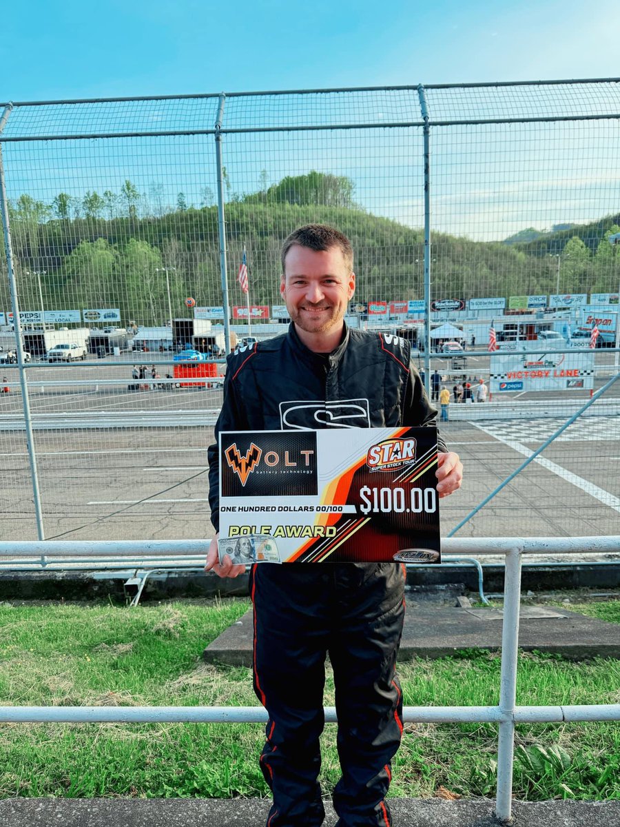 Marlin Yoder claims the Volt Battery Pole Award for the Mountaineer 50 Presented by Slinger Speed Co here at Lonesome Pine Motorsports Park. After rolling the dice and landing on a 2, the front row will be swapped. Jeff Sparks will start on the pole with Yoder to his outside.