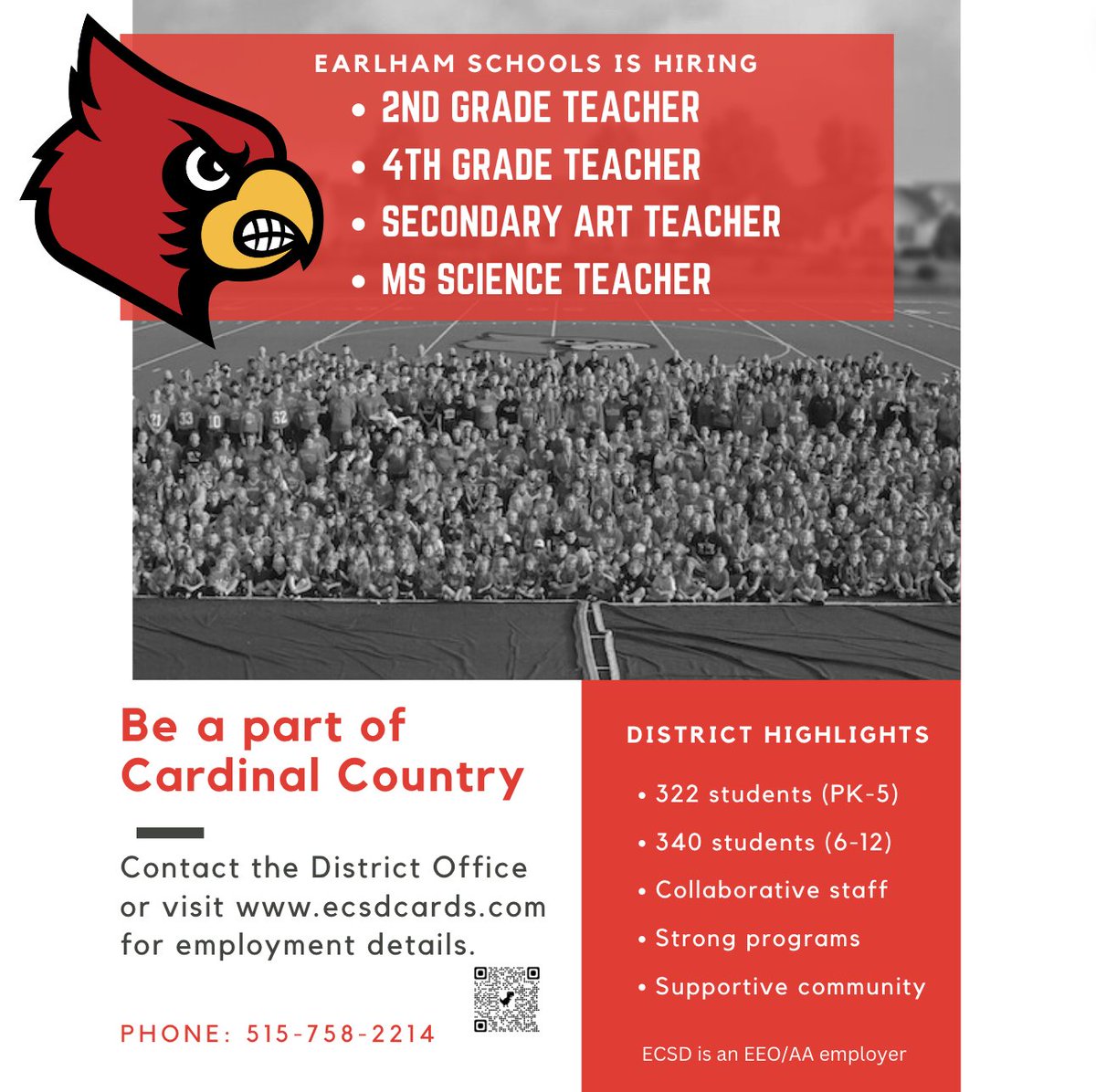 If you or someone you know is looking to be a part of a great school district and supportive community, please check out the opportunities in Earlham! #cardinalpride