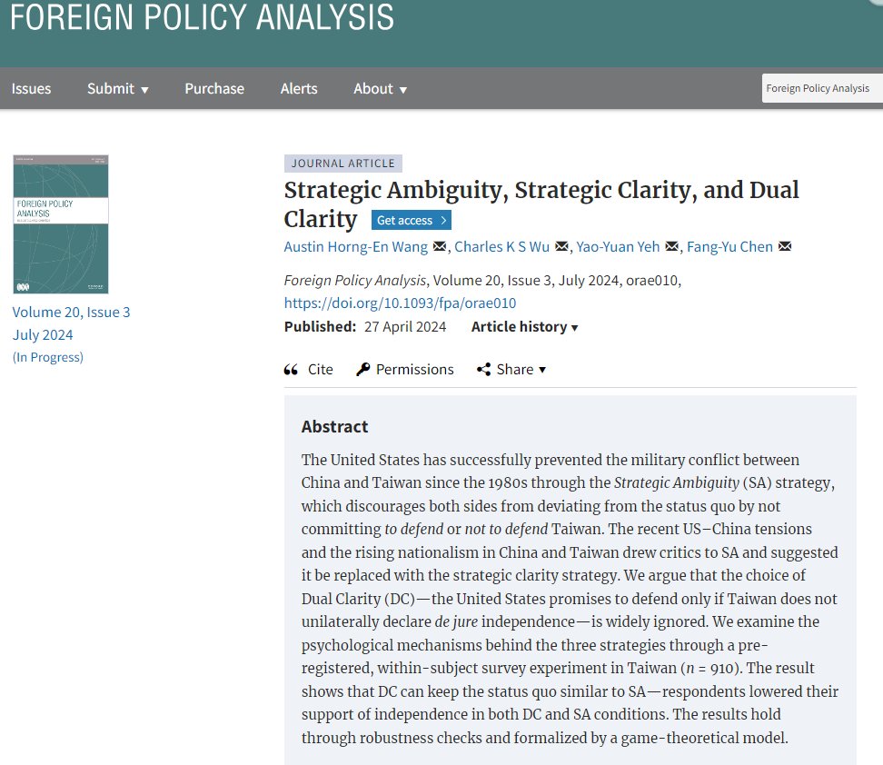 New article out! With @FangYu_80168 , @wupolisciusa @yeh2sctw ! Using an incomplete info model and a survey #experiment, we show that #Taiwanese people accept the 'Dual Clarity' policy similar to strategic ambiguity. @UNLVPoliSci @UNLV @UNLVLiberalArts academic.oup.com/fpa/article-ab…