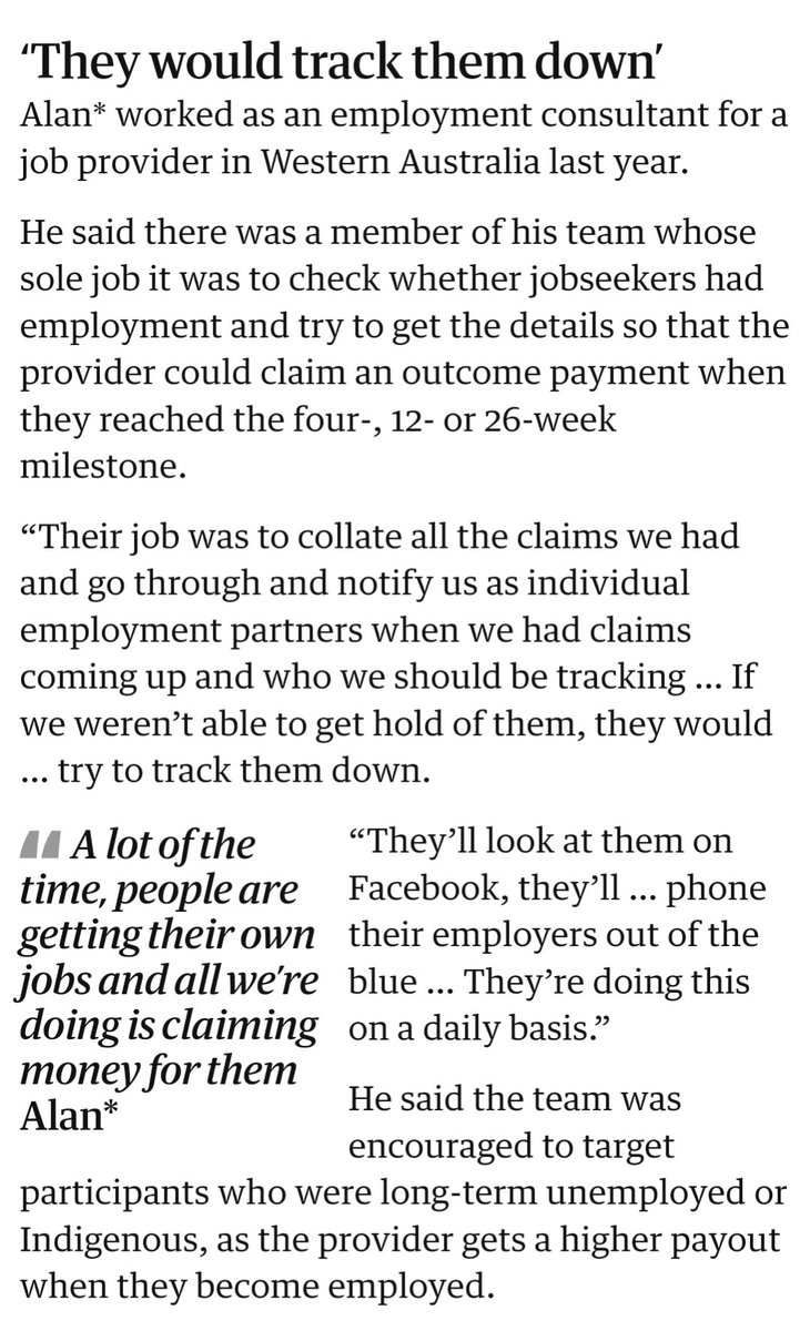 A former job agent talks about the practice of bullying & harassing participants for payslip information He says job agencies are deliberately suspending ppl's payments, if they don't give them the job info they need (to claim money from the government) theguardian.com/australia-news…