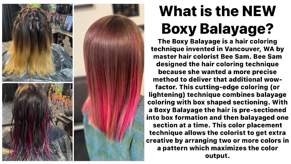 The NEW #boxybalayage pre sectioning technique invented by Bee Sam Beauty Hair Salon modernsalon.com/1090561/the-bo…  For more information please visit beesambeauty.com/boxy-balayage/  #vancouvewa  #balayage #hairsalon #2024trends #vancouverwashington #blonde #beesambeauty #balayagespecialist