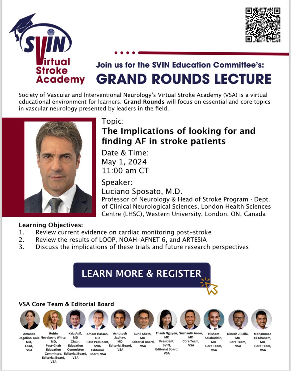 Join @SposatoL for a new session of the Virtual Stroke Academy! 🧠 This session will focus on atrial fibrillation in stroke patients, exploring the latest insights and treatments. Don't miss this opportunity to learn from an expert in the field. Register now #AFib @MThrombectomy