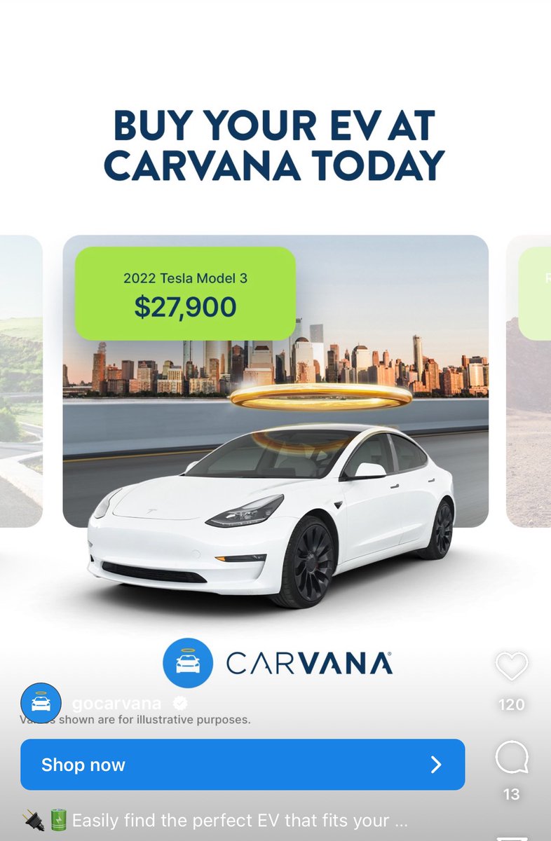 Carvana advertising used Teslas on Instagram. They are one of the largest used car websites in the U.S.