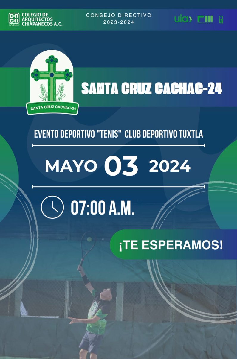 #NoTePierdas el tradicional Torneo de  Tenis 🎾 #CACHAC2024 en el marco del Día de la Santa Cruz.

El próximo 3 de Mayo en punto de las 7:00 A.M. en el Club Deportivo Tuxtla .

#LaUnidadNosFortalece 
#CACHAC 
#FCARM