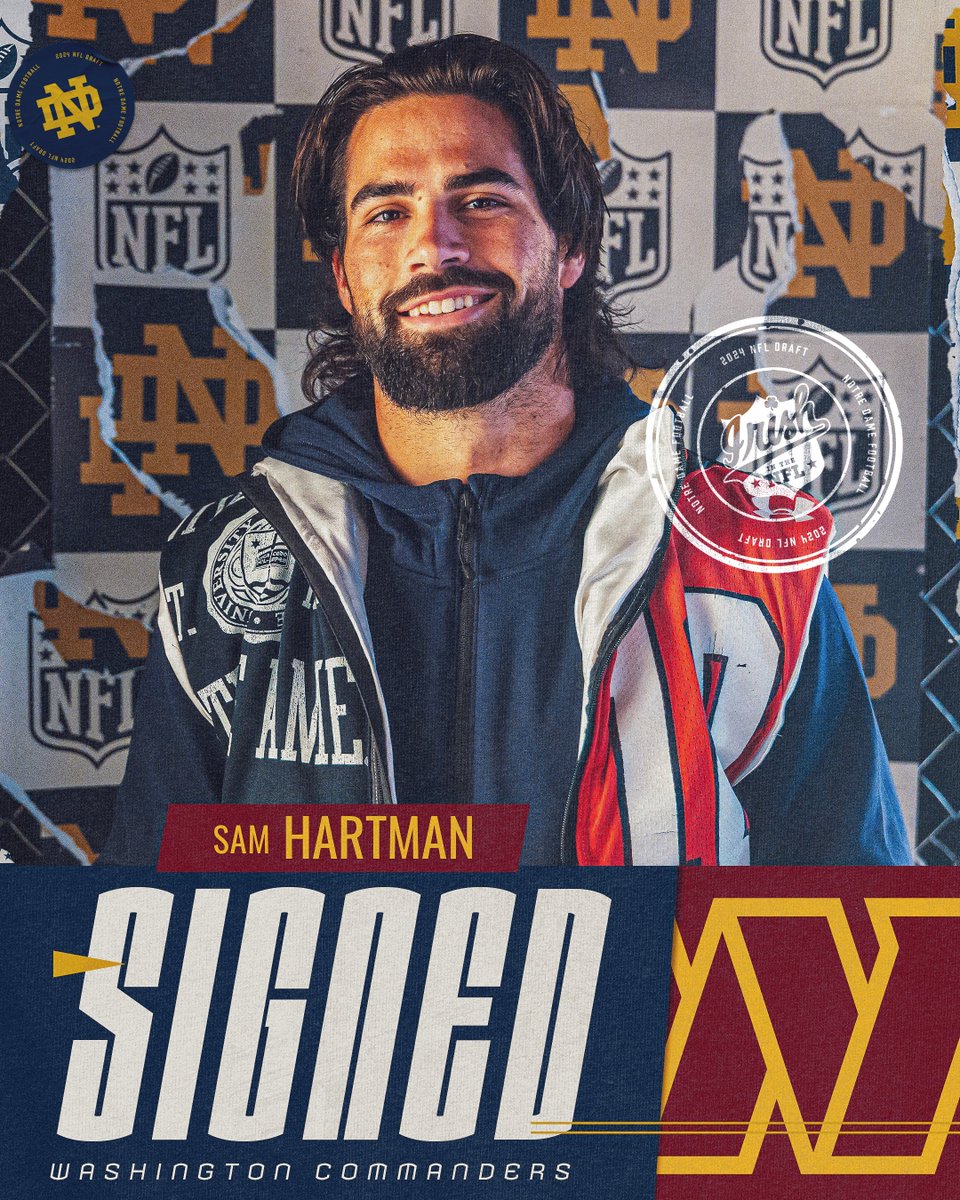 Signed. Sam Hartman is headed to our Nation’s capital @sam_hartman10 ➡️ @Commanders #GoIrish☘️