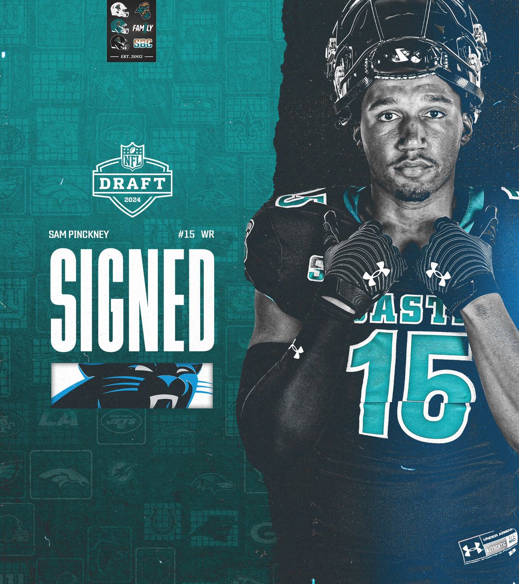 The all-time NCAA leader in consecutive games with a catch is staying in the Carolinas! @workin_hard15 has signed with the @Panthers! #BALLATTHEBEACH | #FAM1LY | #TEALNATION