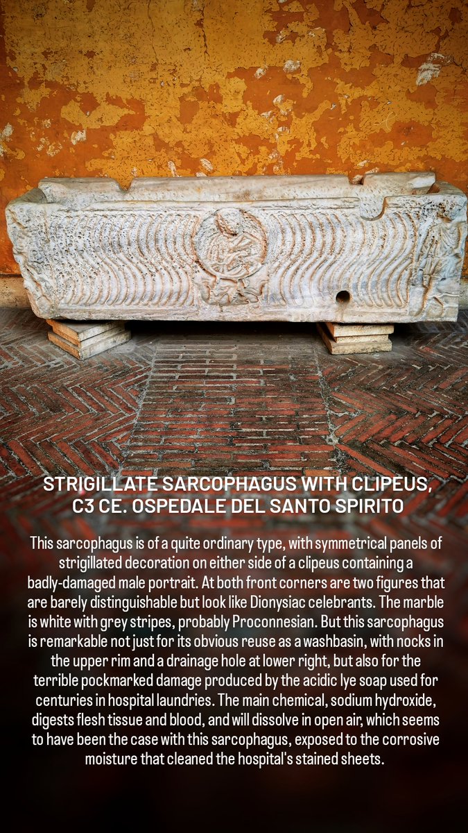 A double whammy for #SarcophagusSaturday and #SpoliaSunday: a marble coffin reused for laundry and destroyed by something as simple as #soap. The #sarcophagus probably comes from the huge #Vatican #necropolis. I think it was damaged by sodium hydroxide, but I cannot tell a lye.