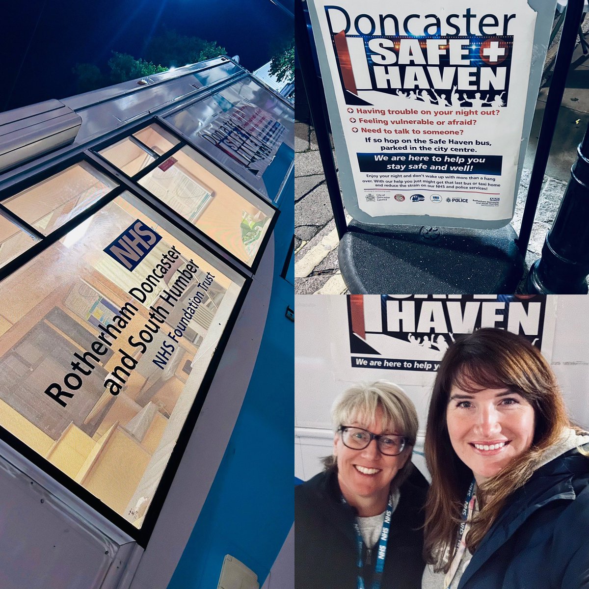 Great to be on the @rdash_nhs Health Bus for the Doncaster Safe Haven initiative tonight. Engaging with the local community and friendly revellers in town. Lovely meeting fellow RDaSH colleague Sharon too! @MyDoncaster @NatPubwatch @StreetPastors @syptweet