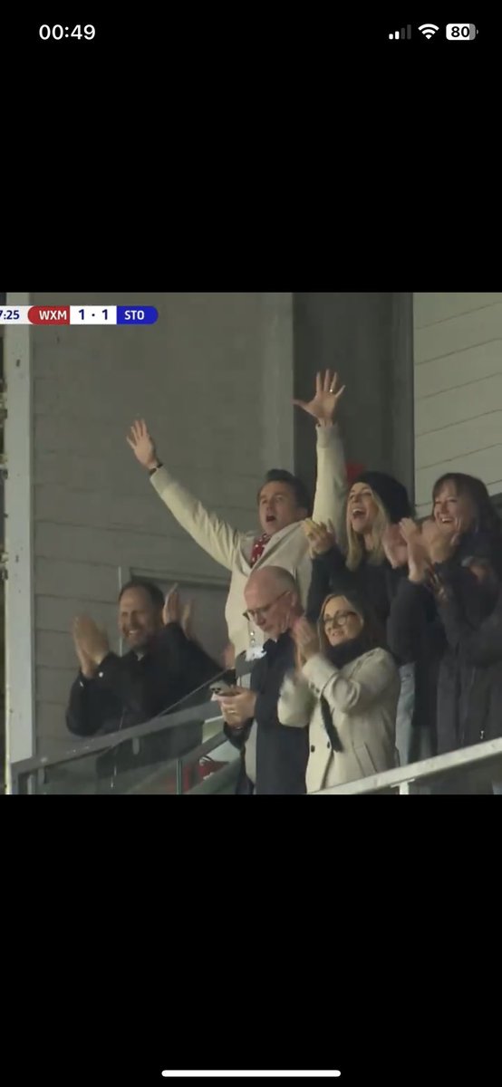 Wrexham’s executive celebrating that glorious moment that sent 10,000 proper fans regardless of how long they have been fans or where they come from into uncontrollable joy. #WxmAFC #OddOneOut