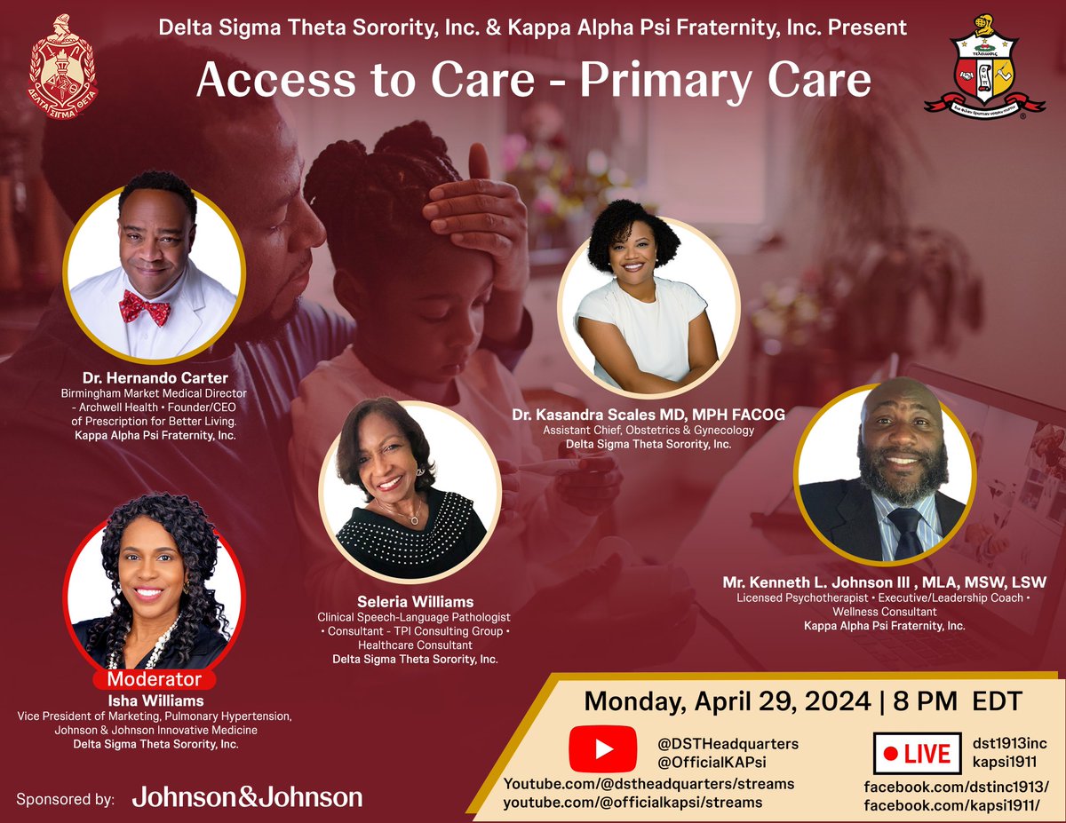 In partnership with @dstinc1913 and @JNJNews tune into the Access to Care - Primary Care livestream at 8pm EDT on April 29th. You’ll hear from health care professionals representing Kappa Alpha Psi Fraternity, Inc. and Delta Sigma Theta Sorority, Inc. #kapsi1911 #deltasigmatheta