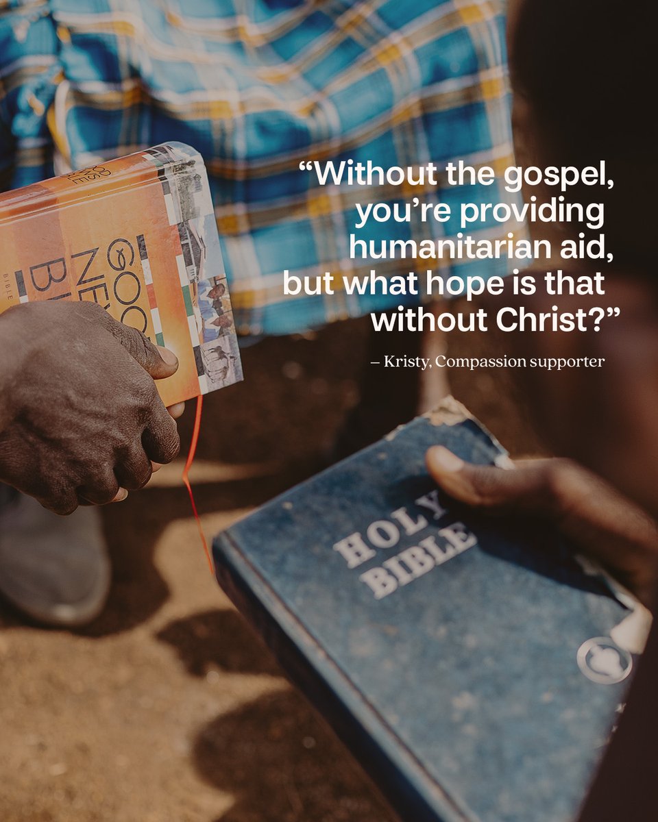 Kristy, one of our amazing supporters, reminds us of the importance of the gospel in our work: 'Without the gospel, you're providing humanitarian aid, but what hope is that without Christ?' Let's keep sharing hope and Christ's love everywhere. 💙🌎#CompassionInternational