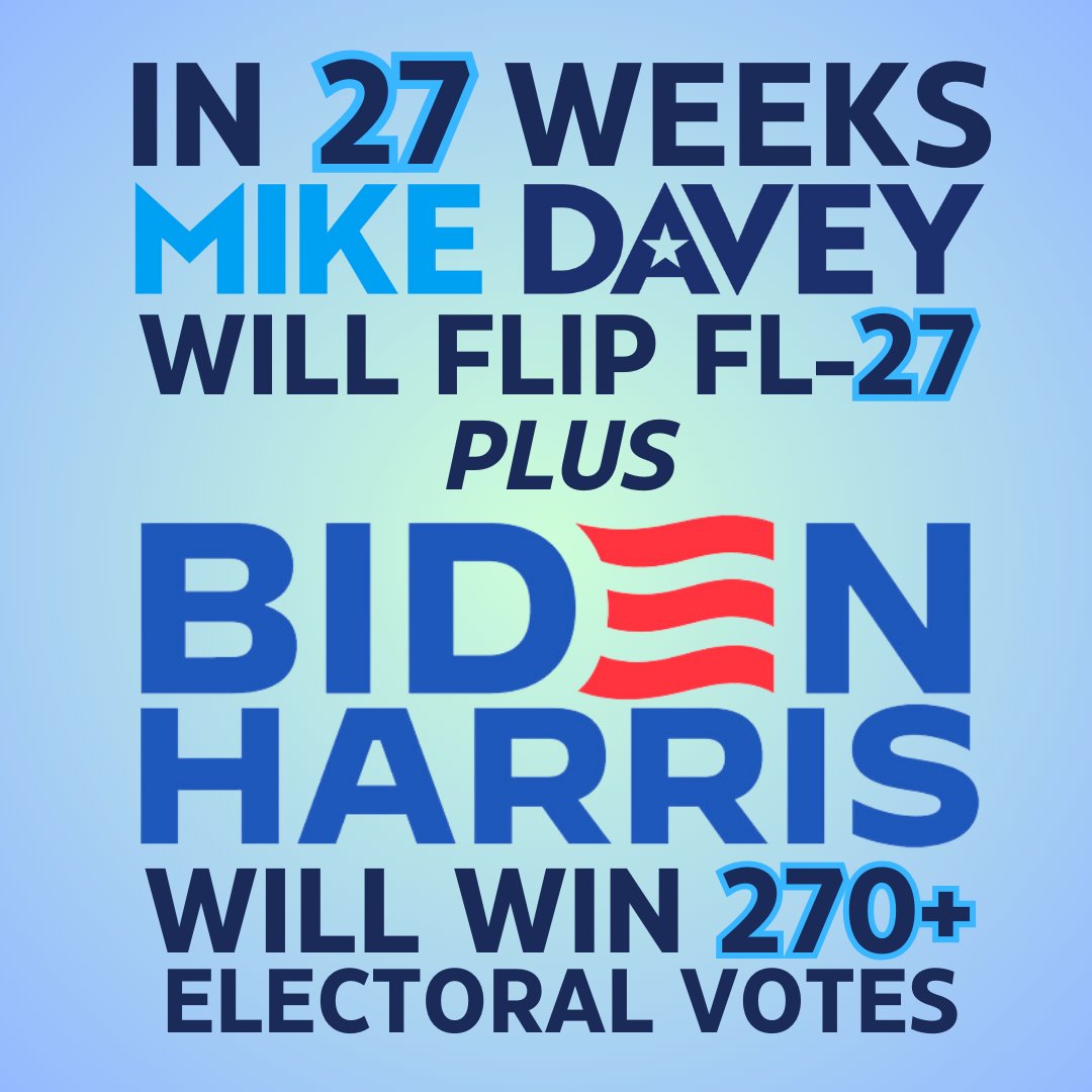 IN 27 WEEKS
WE'LL FLIP #FL27
@JOEBIDEN WILL WIN #270ELECTORALVOTES

Chip in @ secure.actblue.com/donate/mdsocia… to help #DeliverVictory