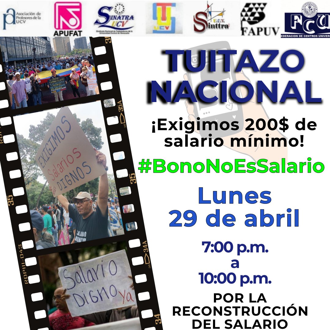 Seguimos luchando para rescatar el valor del trabajo. El lunes 29 de abril te invitamos a participar en una protesta virtual para exigir un salario mínimo de 200$, que sea el arranque para la reconstrucción del salario. #SalariosDignosYa #BonoNoEsSalario