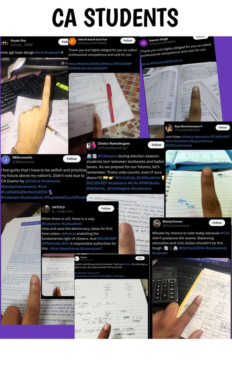 The_CA_Student's tweet photo. Finger of election is just used for turning pages
#lostvotes #postponecaexams #icaiexams #icai #LokSabhaElections2024
#caexams #castudents #Sunday https://t.co/el2I6gja73