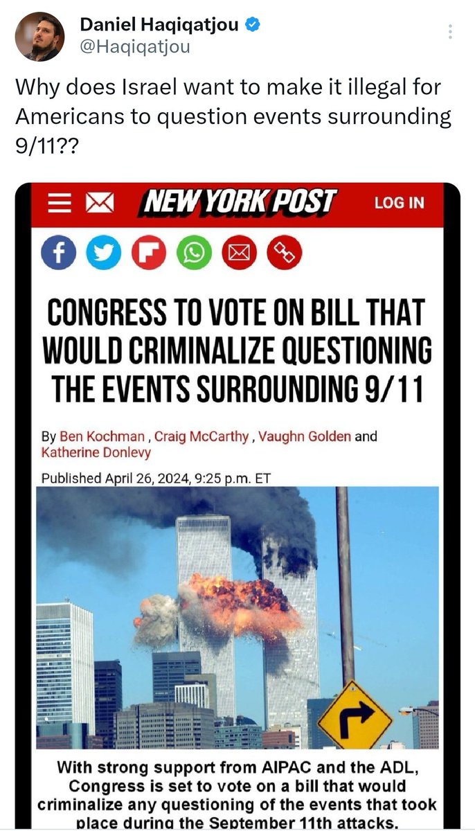 Israel does not want to make it illegal for Americans to question 9/11. This is a fake New York Post article.