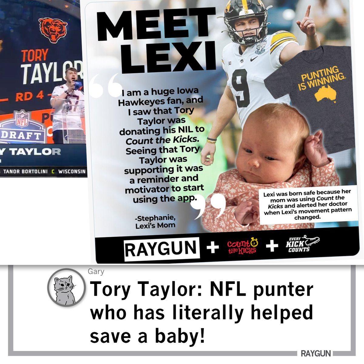Also: Tory Taylor, the Bears' new punter has literally helped save babies! WHAT'S NOT TO LIKE?!

He raised thousands of dollars for @CounttheKicksUS' @EK_Counts program that helps prevent stillbirth and miscarriage through tracking of fetal movements. #raygun