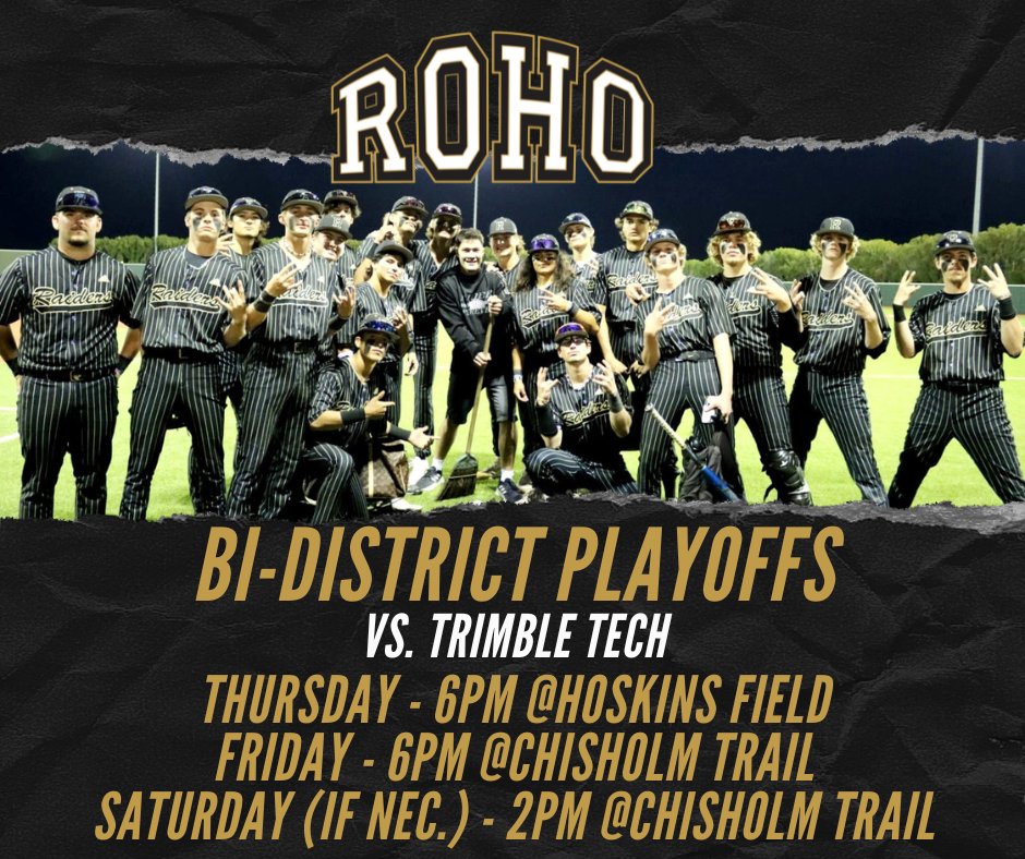 🚨 Rider Raiders Baseball🚨 Rider-Trimble Tech BI-District Playoffs! ⚾ 📅 Game 1: Thursday at Hoskins Field, 6:00 PM 📅 Game 2: Friday at Chisholm Trail, 6:00 PM 📅 Game 3 (if needed): Saturday at Chisholm Trail, 2:00 PM #teamWFISD #WFISDtalent #goROHO