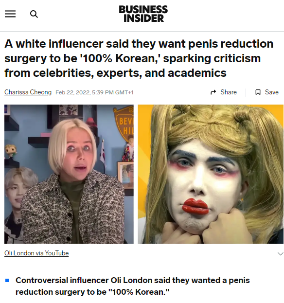 it's incredibly hilarious that Zionists made one of their main social media propaganda assets Oli London, a grotesque freak who underwent extensive surgery to 'look Korean', including getting a 'micro-penis'