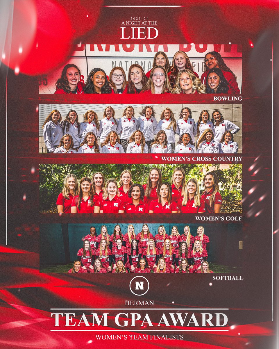 Tomorrow we celebrate Husker success in athletics, academics and life at our annual A Night at the Lied event. Tune in at 7pm on our @huskers social channels to watch the live stream. Herman Team GPA Award, Women's Team finalists. ↓