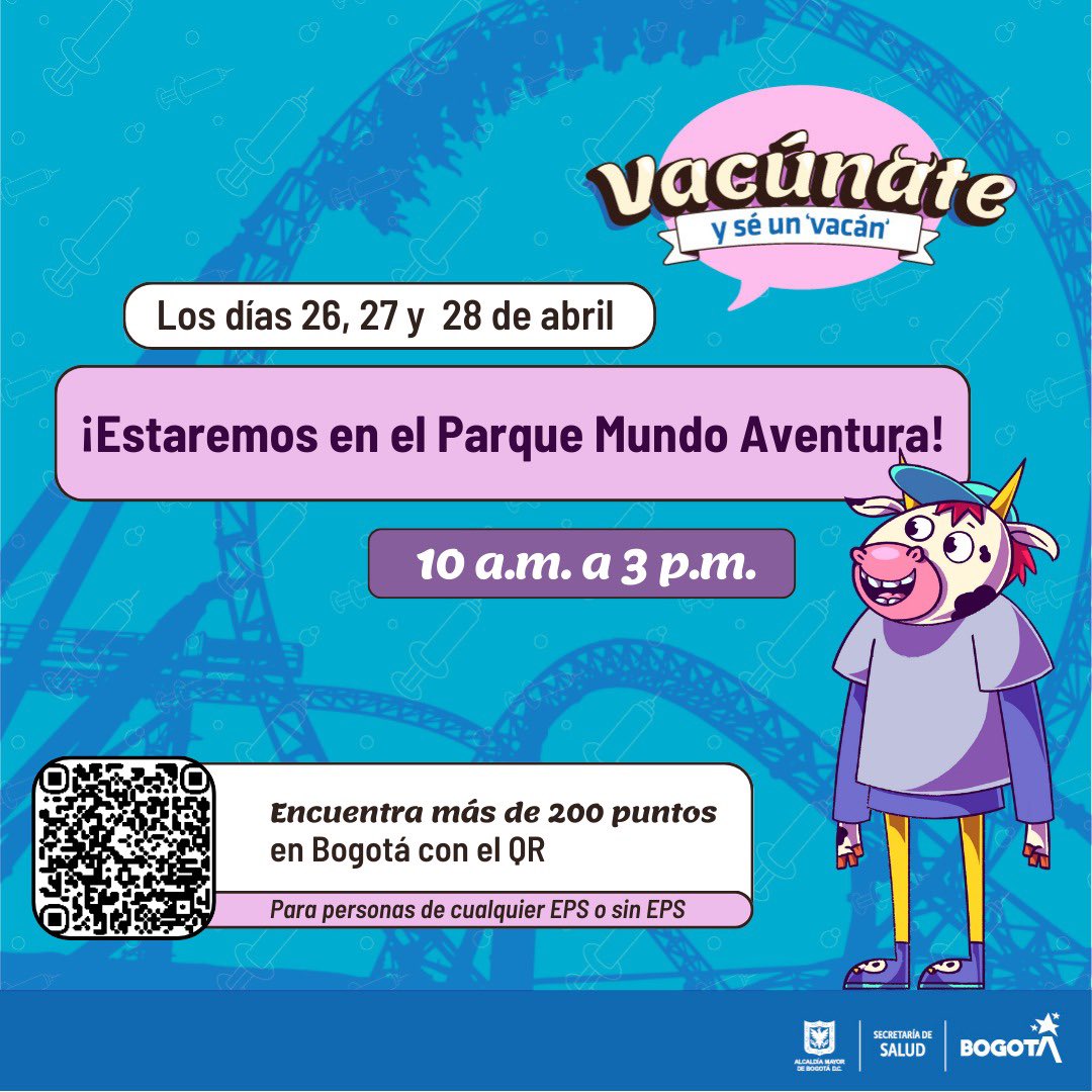 👋Conoce los lugares de vacunación que estarán habilitados durante este domingo 28 de abril. 

🚩Hay más de 200 puntos en toda Bogotá. 
👀🎡¡En Mundo Aventura habrá sorpresas para los ciudadanos que se sumen a la familia 'vacana'!
¡Vacúnate y #SéUnVacán!
👉bit.ly/4aVBRCQ