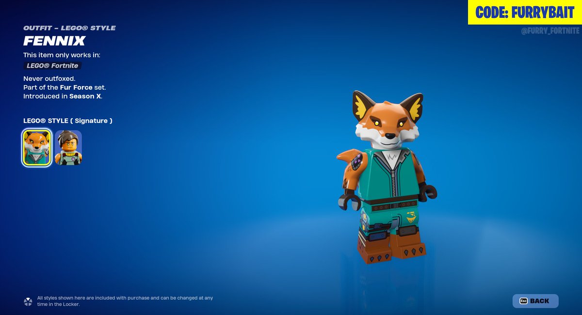 Fennix, from the Fur Force set, is finally back on the Item Shop after 196 days! (Even before Fortnite OG!) And he now has a LEGO version just added this week. Now we just need the Spikeclone. Use code FURRYBAIT on the Item Shop to support us! #EpicPartner #FurryFortnite